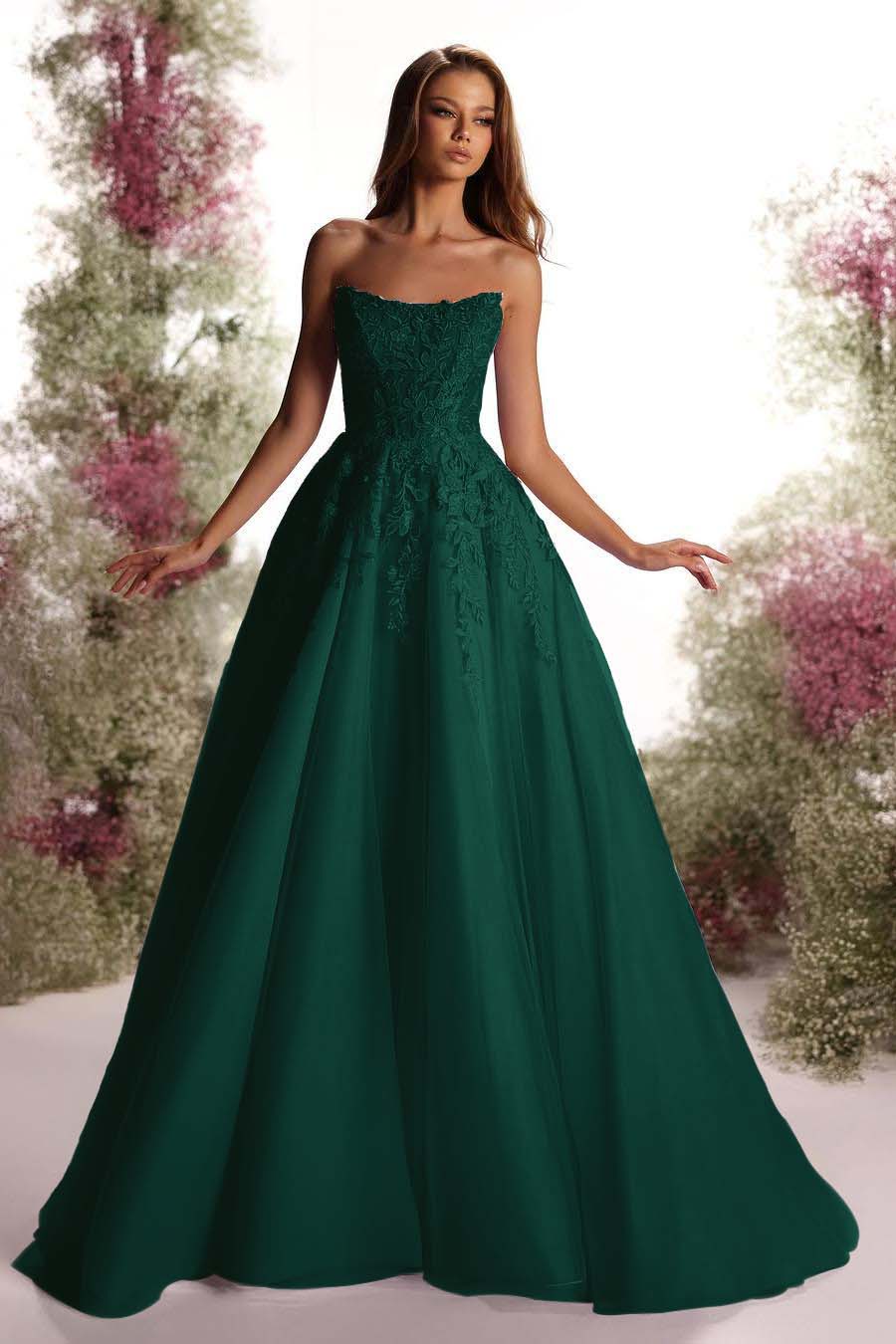Purple A Line Prom Dress Sleeveless Strapless Formal Dress With Lace Appliques