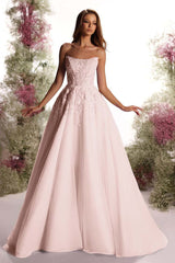 Purple A Line Prom Dress Sleeveless Strapless Formal Dress With Lace Appliques