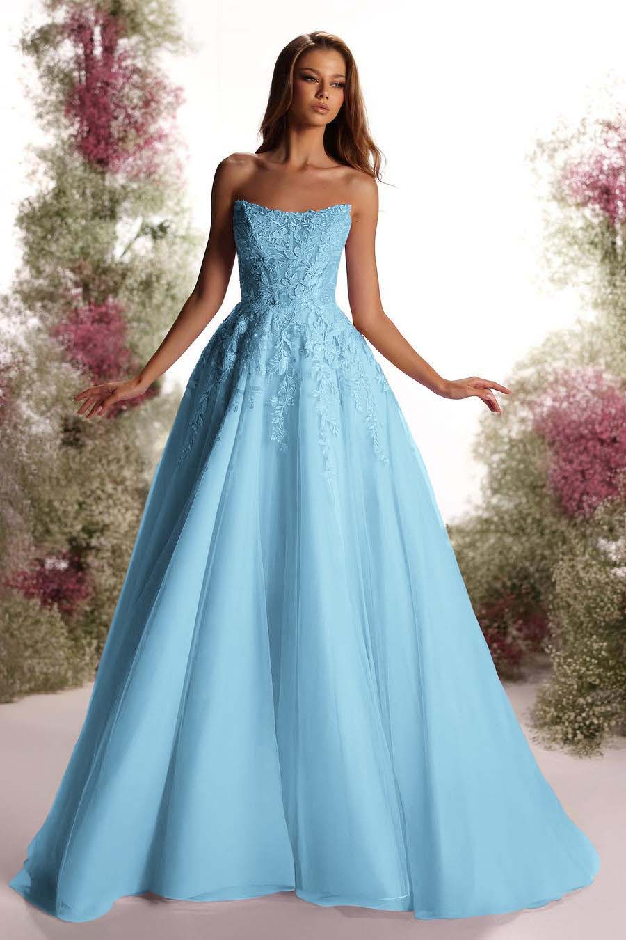 Purple A Line Prom Dress Sleeveless Strapless Formal Dress With Lace Appliques