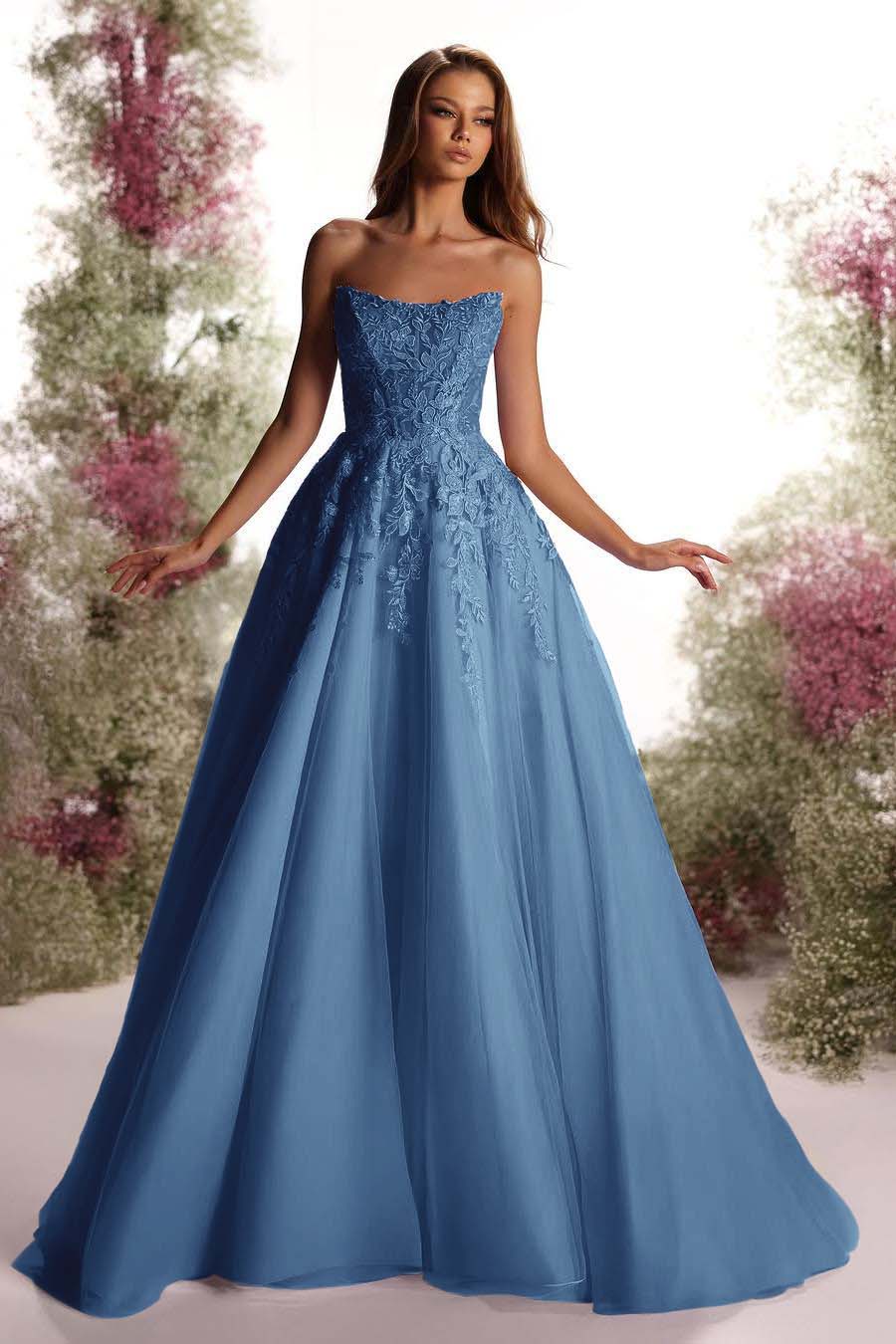 Purple A Line Prom Dress Sleeveless Strapless Formal Dress With Lace Appliques
