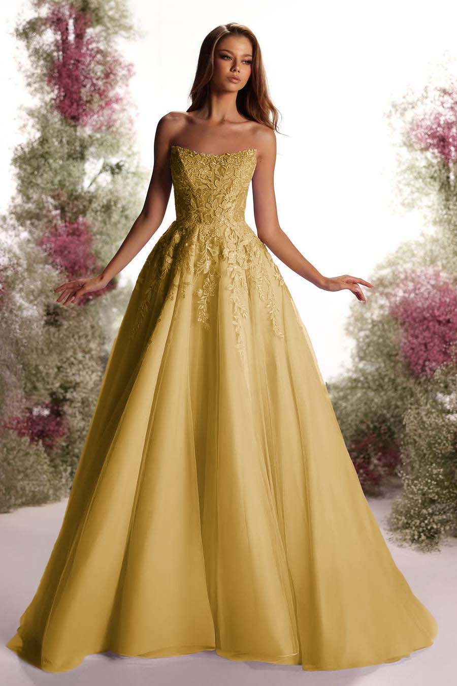 Purple A Line Prom Dress Sleeveless Strapless Formal Dress With Lace Appliques