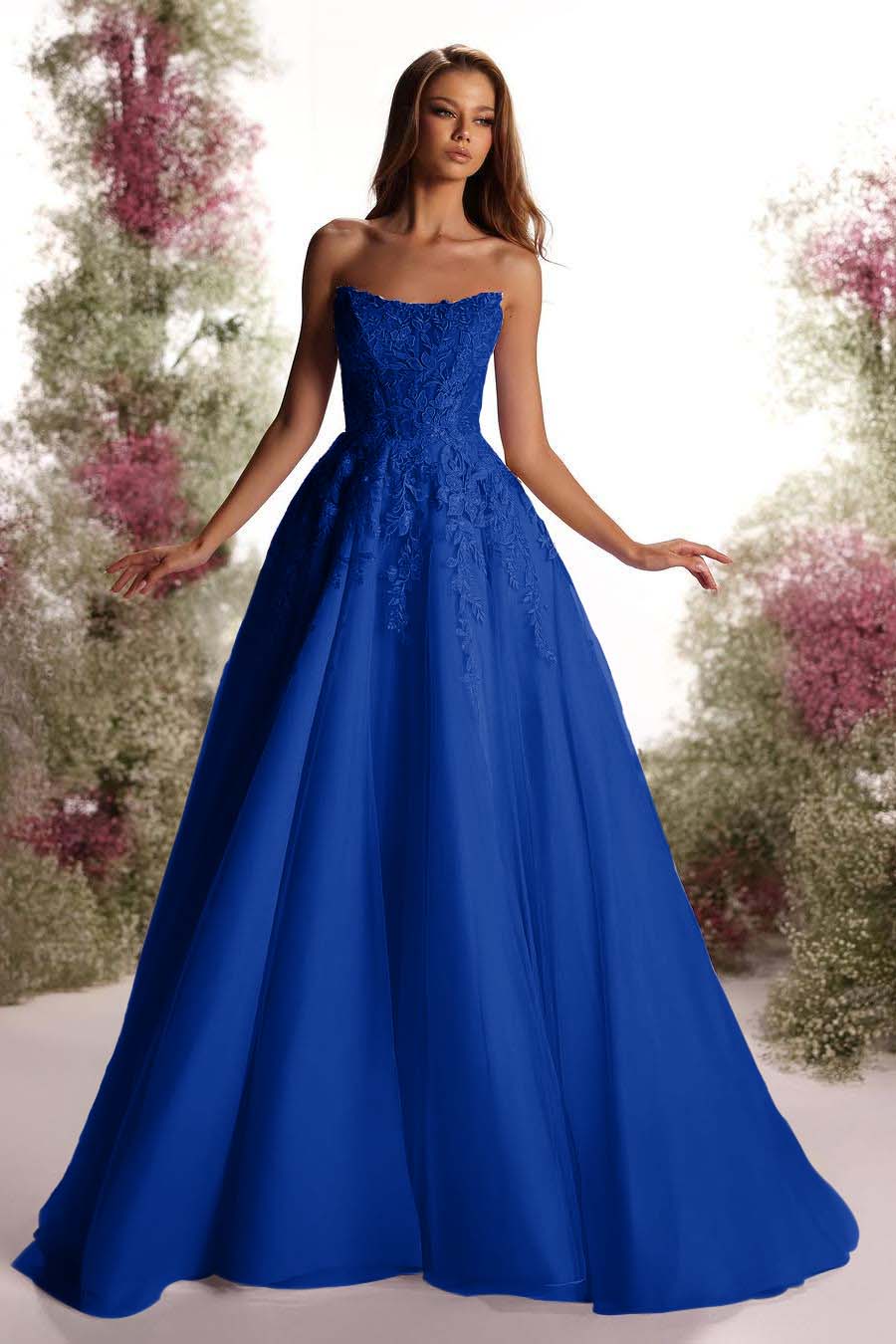 Purple A Line Prom Dress Sleeveless Strapless Formal Dress With Lace Appliques