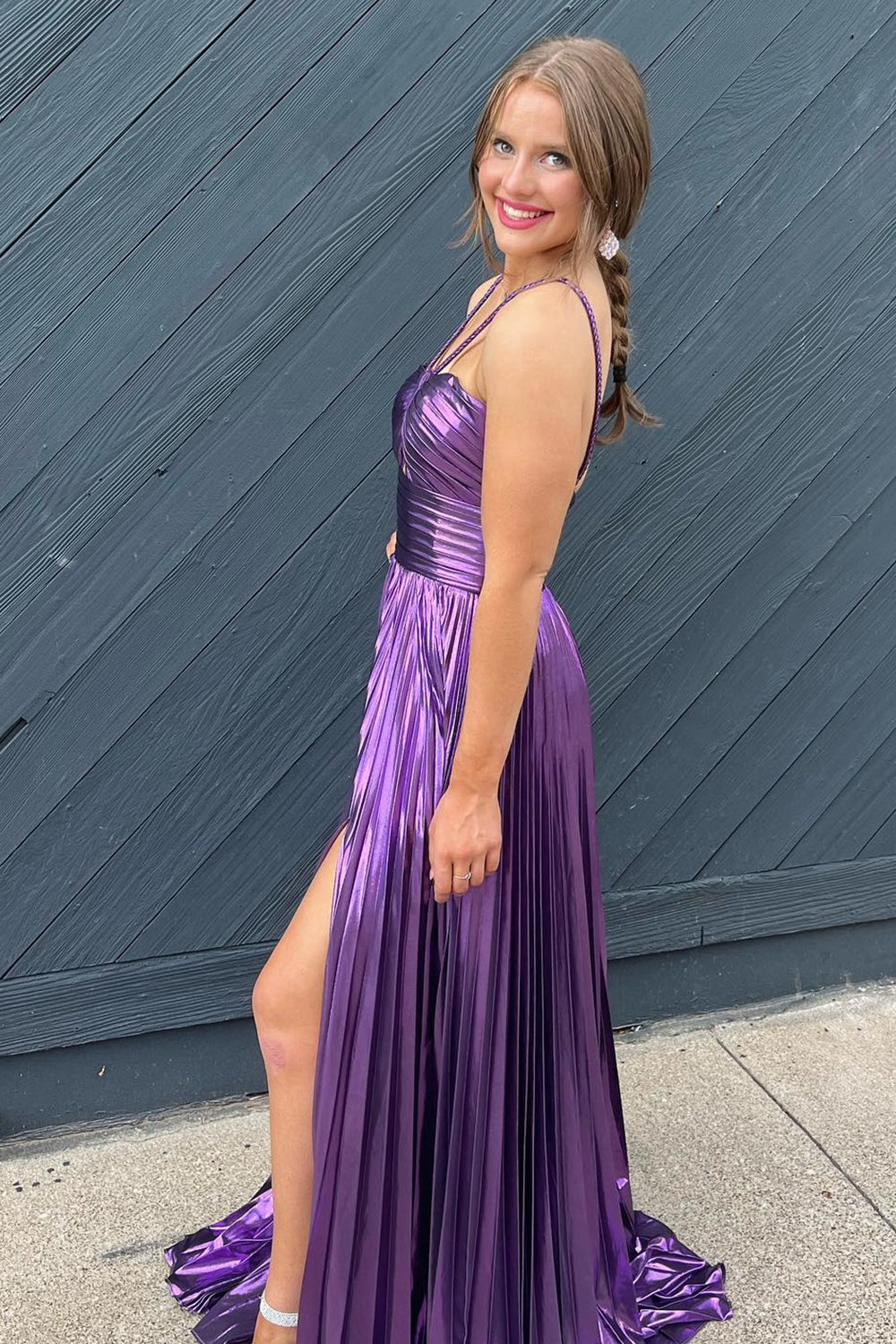 Purple Backless Prom Dress Long A Line Evening Dress With Slit
