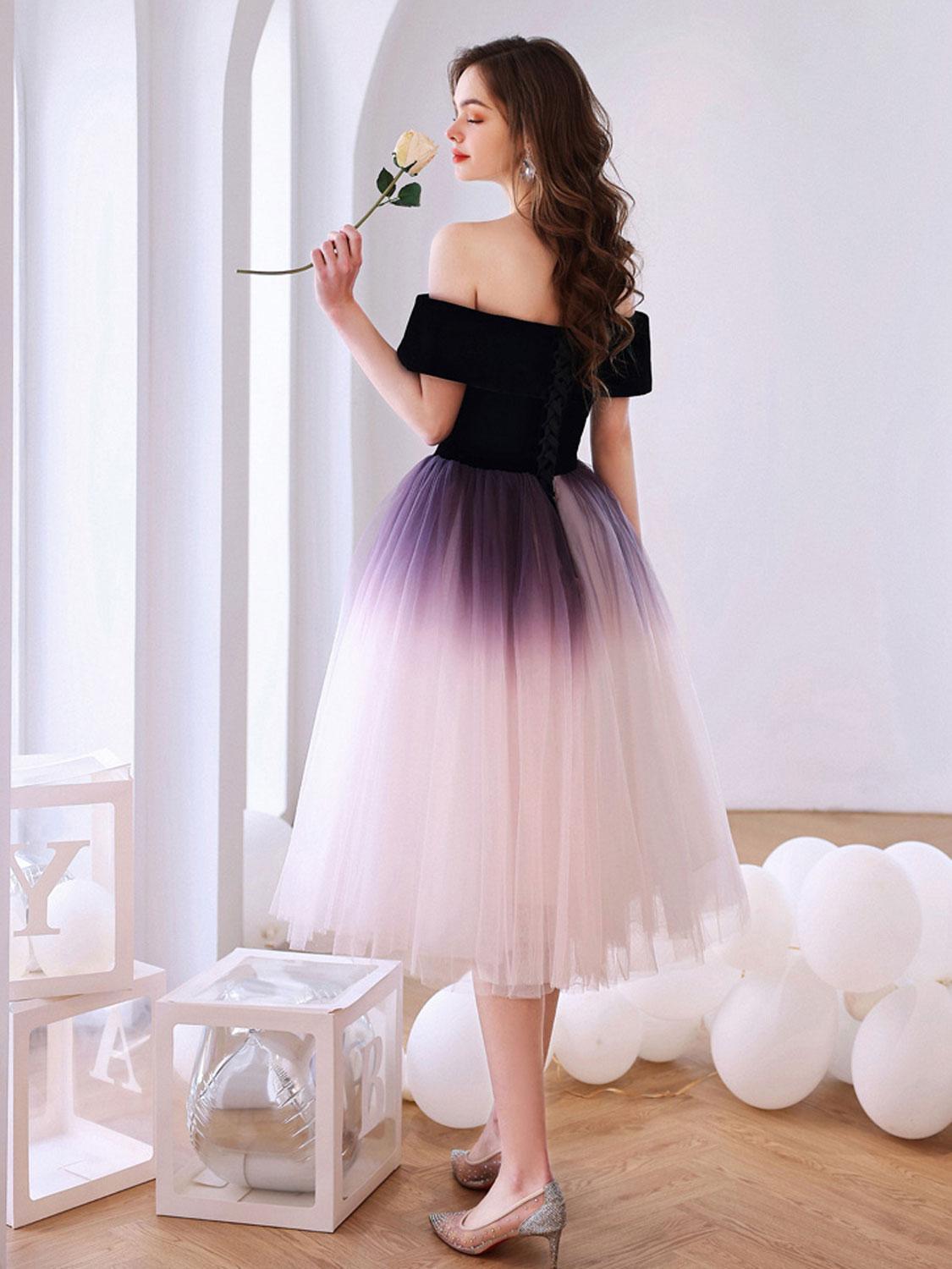 Purple Cocktail Dress Off Shoulder Tulle Short Party Cocktail Dress