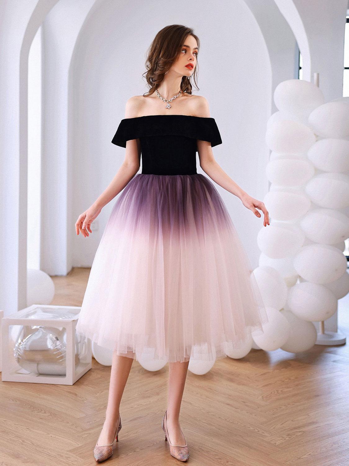 Purple Cocktail Dress Off Shoulder Tulle Short Party Cocktail Dress
