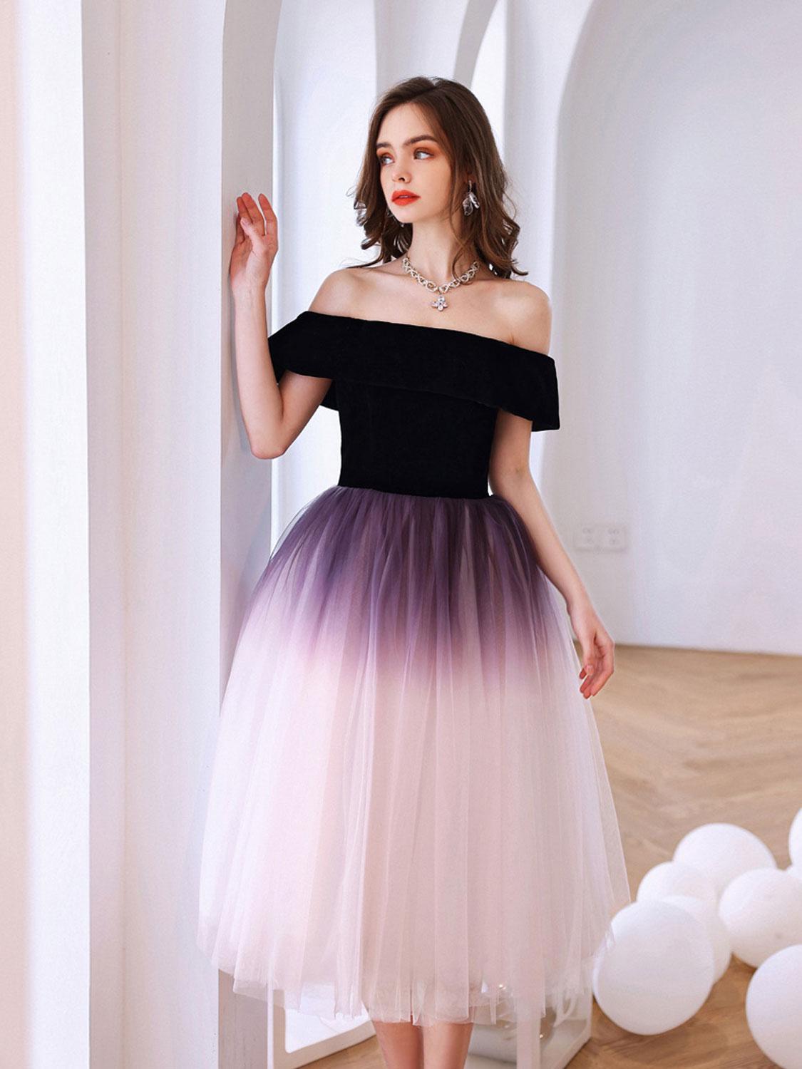 Purple Cocktail Dress Off Shoulder Tulle Short Party Cocktail Dress
