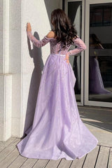 Purple Detachable Train Prom Dress Long Sleeve Off the Shoulder Formal Dress With Beadings and Rhinestones