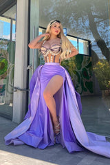 Purple Detachable Train Prom Dress Sleeveless Halter Neck Formal Dress With Beadings and Rhinestones