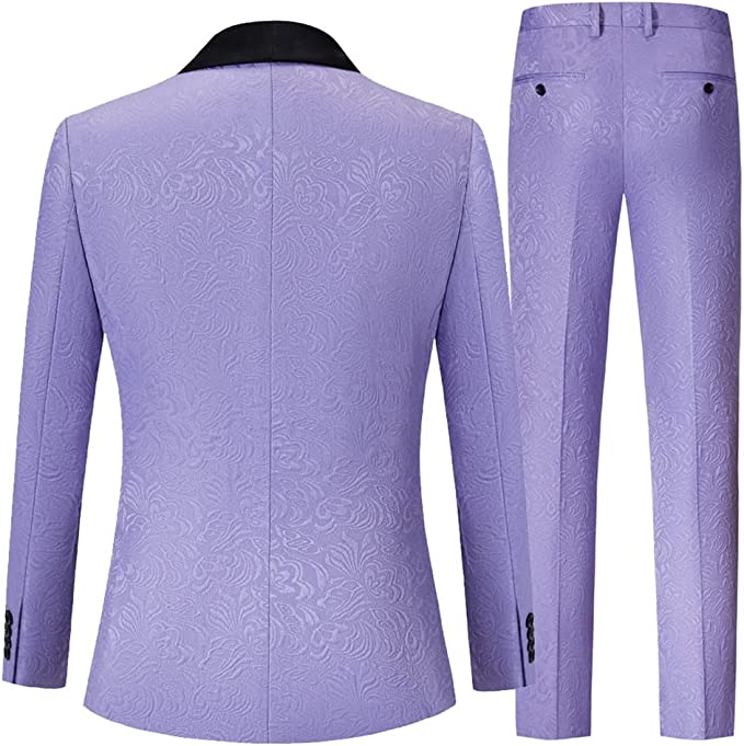 Purple Double Breasted Jacquard Wedding Suit with Black Velvet Shawl Lapel