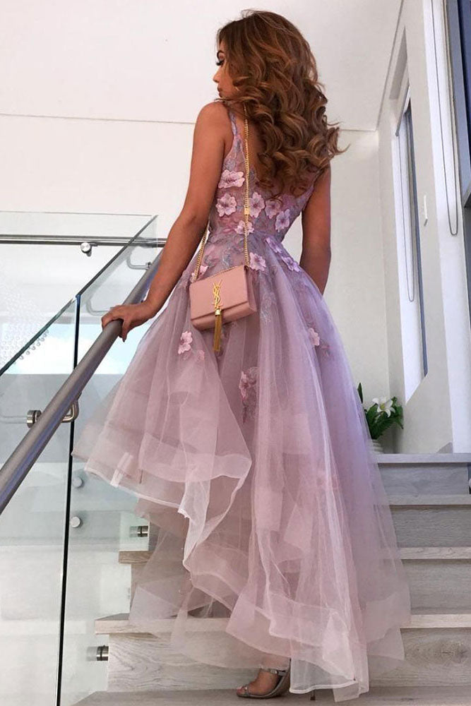 Purple Homecoming Dress High Low Tulle Lace Prom Dress