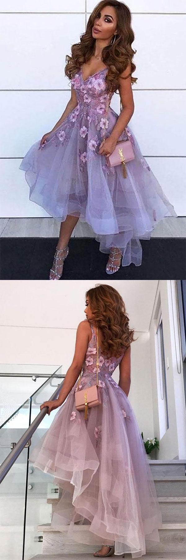 Purple Homecoming Dress High Low Tulle Lace Prom Dress