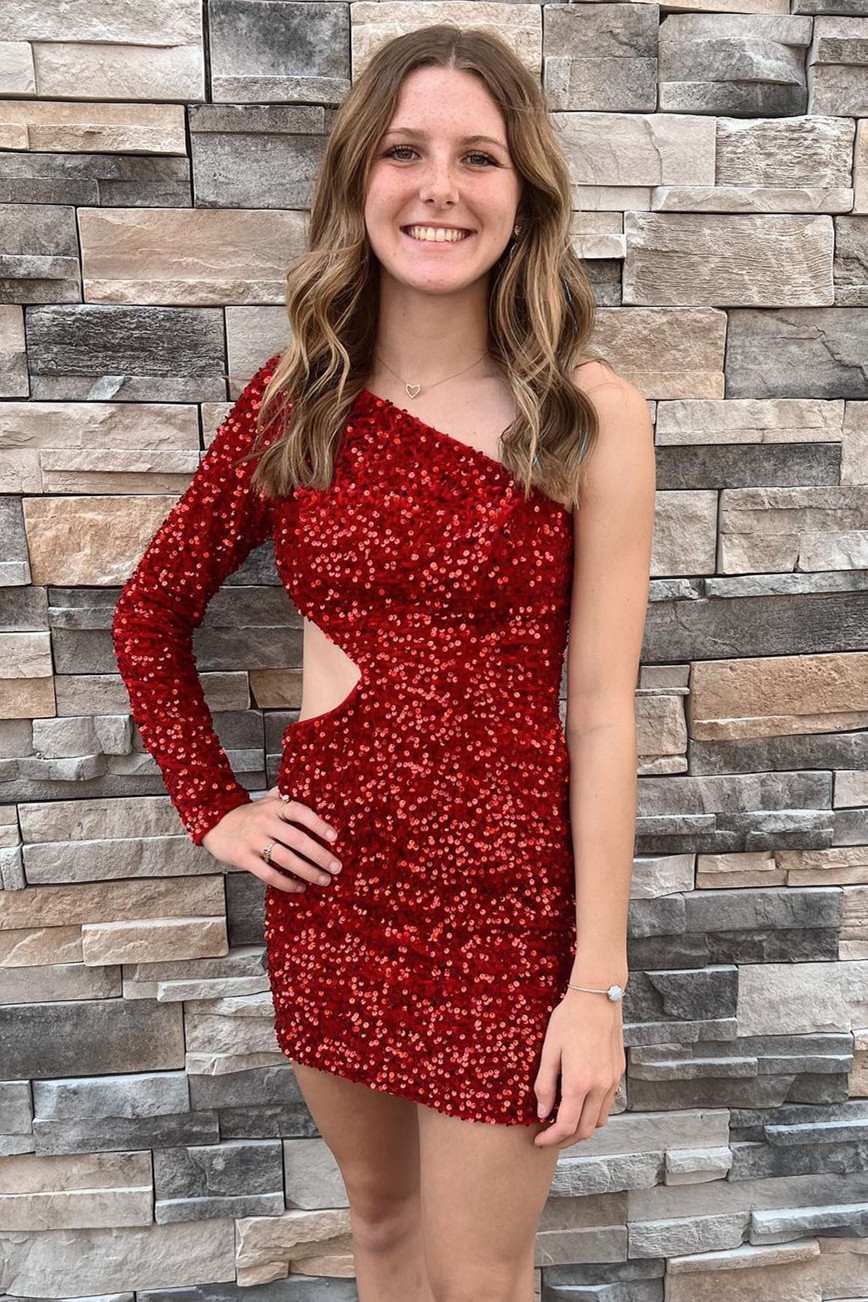 Purple Homecoming Dress Sequin One Sleeve Cutout Short Party Cocktail Dress