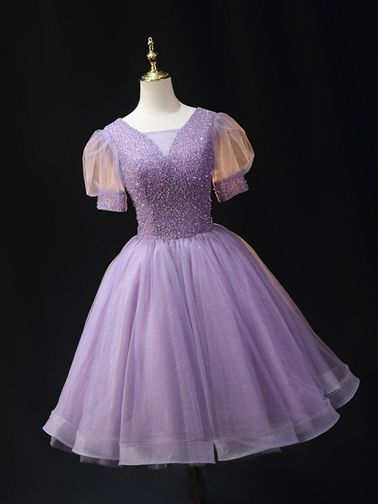 Purple Homecoming Dress V Neck Tulle Beaded Sequin Short Party Cocktail Dress