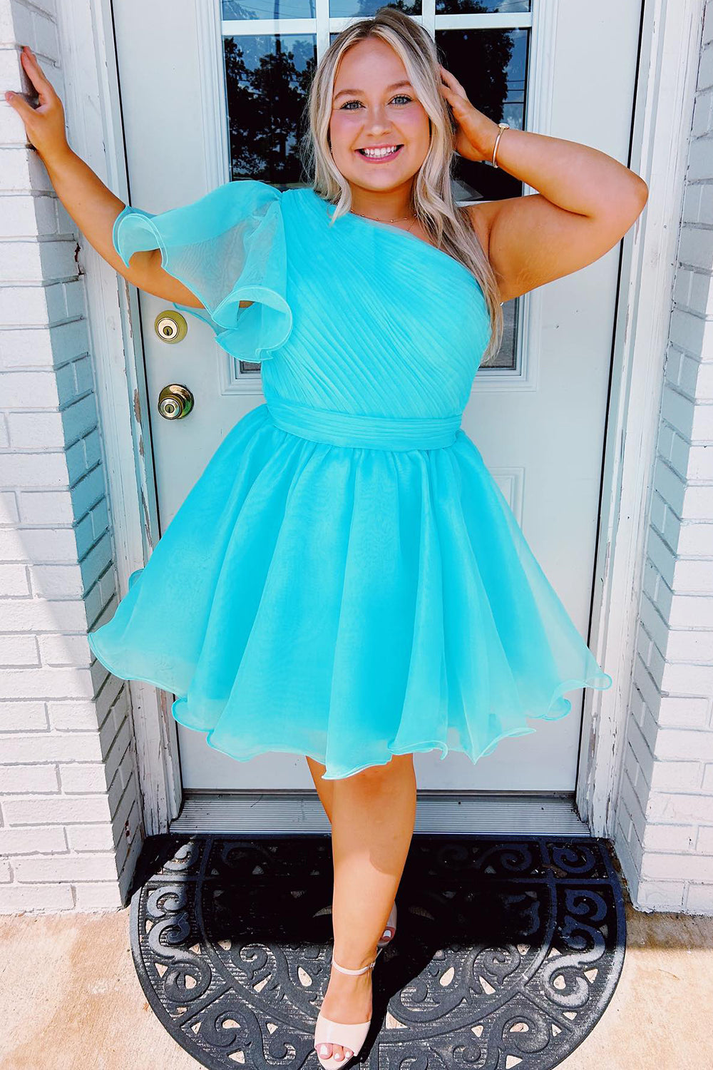 Purple Homecoming Dresses A-Line One Shoulder Organza Cocktail Dresses with Ruffle