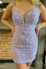 Purple Homecoming Dresses Beaded Lace-Up Back Tight Short Cocktail Dresses