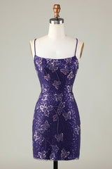 Purple Homecoming Dresses Butterflies Tight Beaded Sequin Short Cocktail Dresses