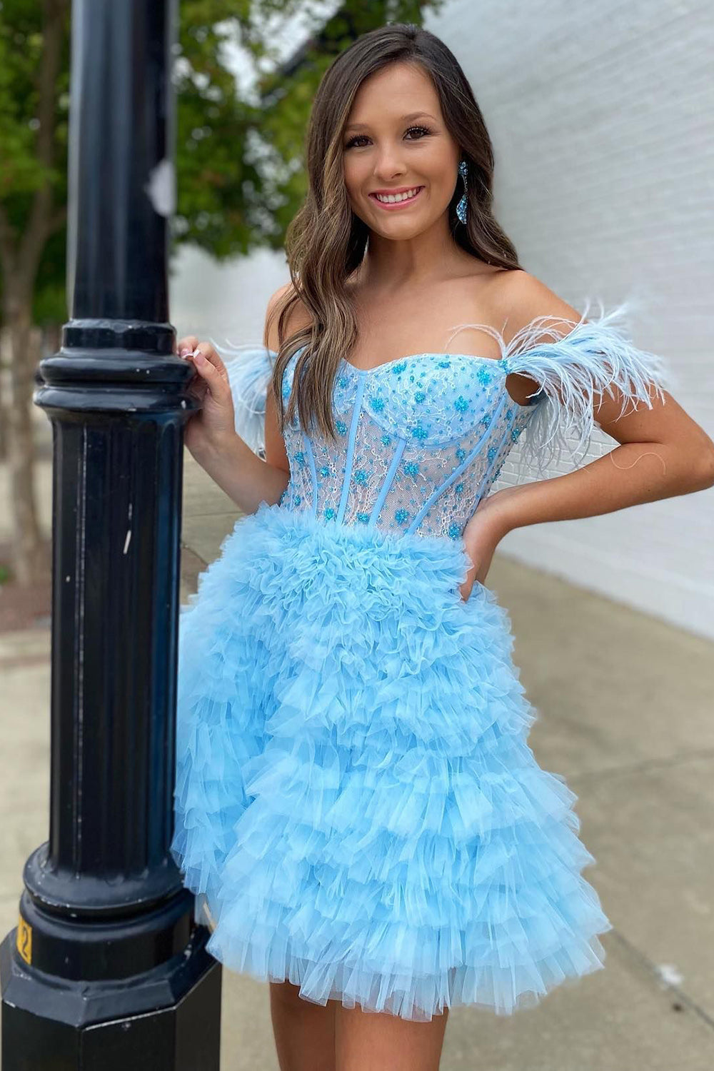 Purple Homecoming Dresses Corset A-Line Short Cocktail Dresses with Feathers
