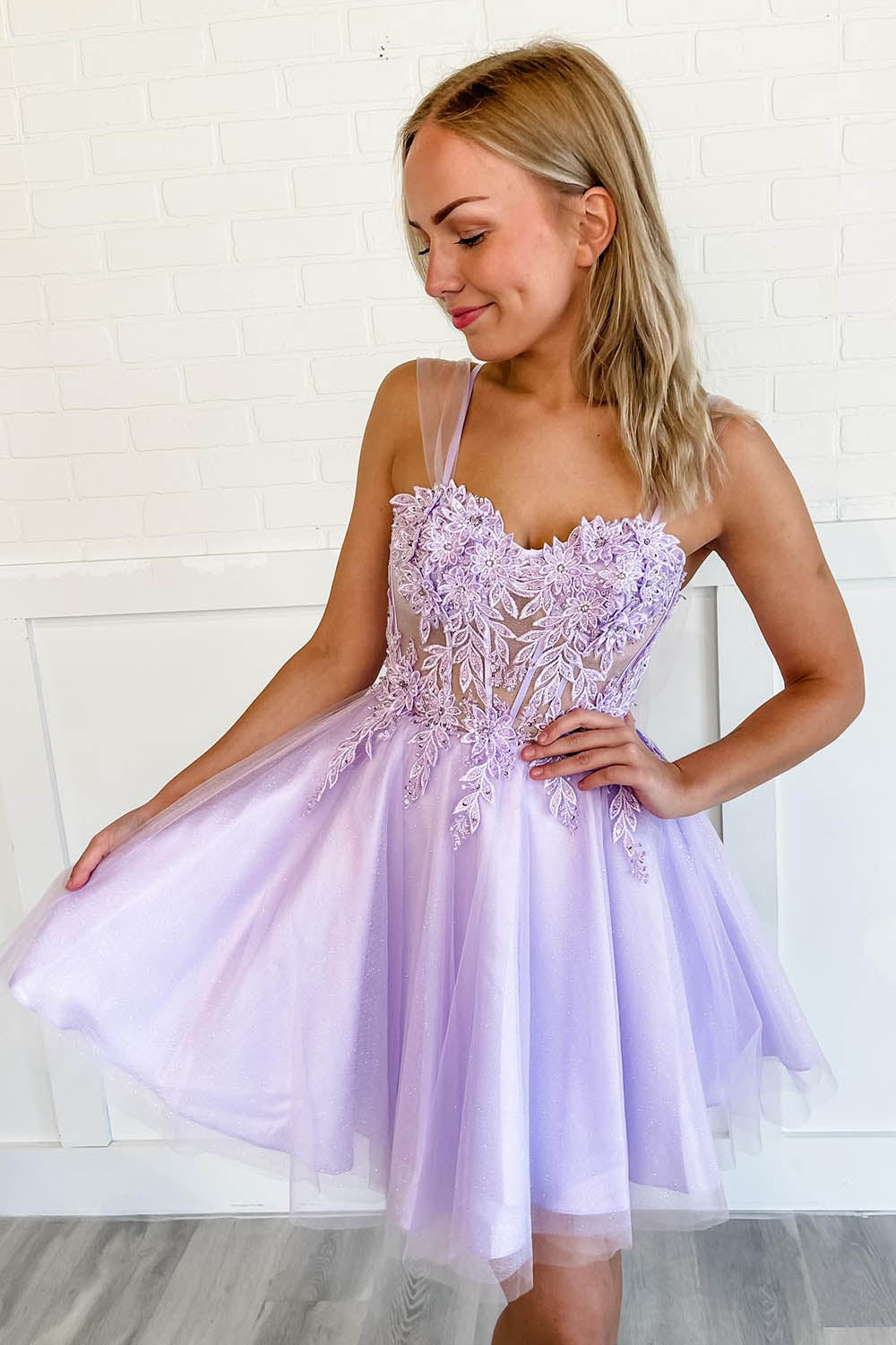 Purple Homecoming Dresses Corset A-Line Tulle Short Flower Cocktail Dresses with Lace