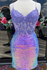 Purple Homecoming Dresses Corset Tight Short Cocktail Dresses with Lace