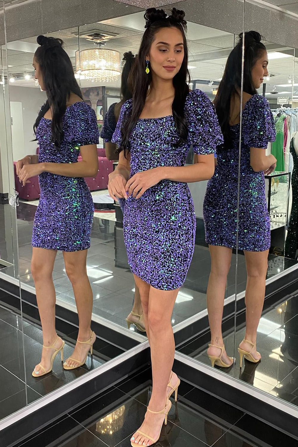 Purple Homecoming Dresses Sequin Short Sleeves Tight Cocktail Dresses