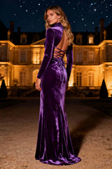 Dressystars Purple Mermaid High Neck Backless Long Velvet Holiday Party Dress