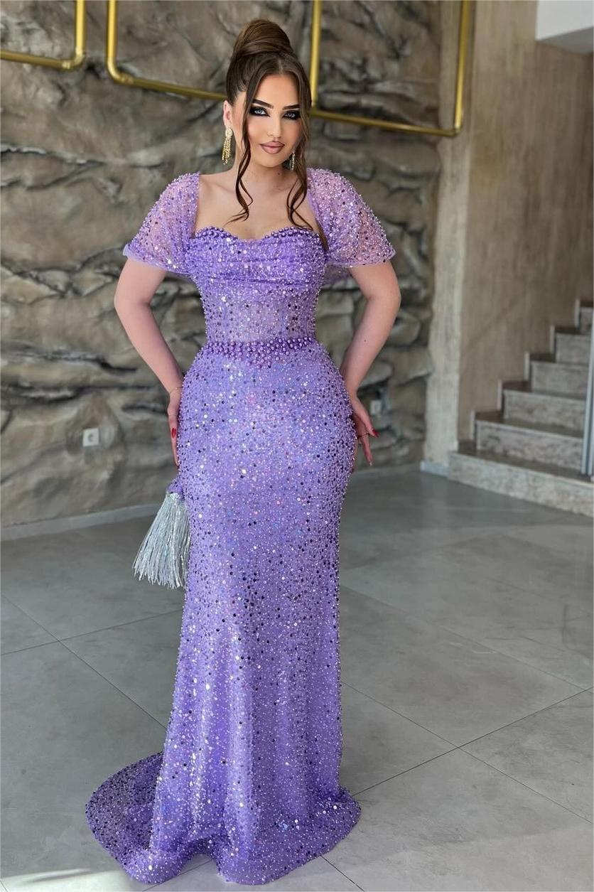 Purple Mermaid Prom Dress Cap Sleeve Off the Shoulder Formal Dress With Sequins