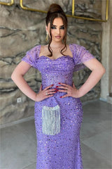 Purple Mermaid Prom Dress Cap Sleeve Off the Shoulder Formal Dress With Sequins