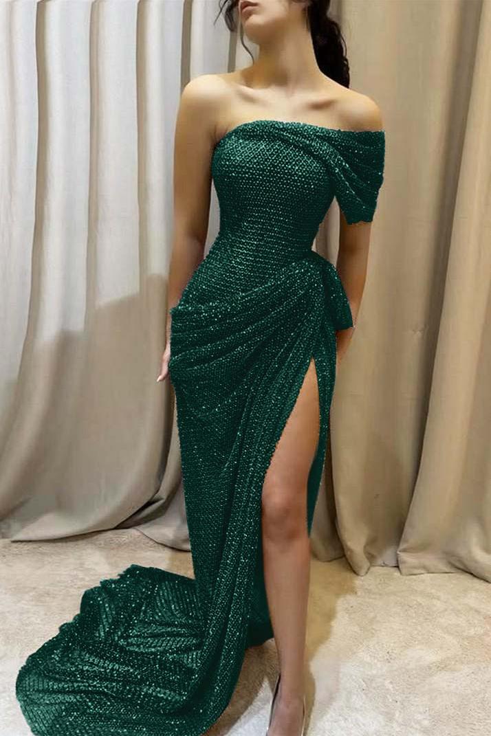 Purple Mermaid Prom Dress Cap Sleeve One Shoulder Formal Dress With Beadings and Rhinestones