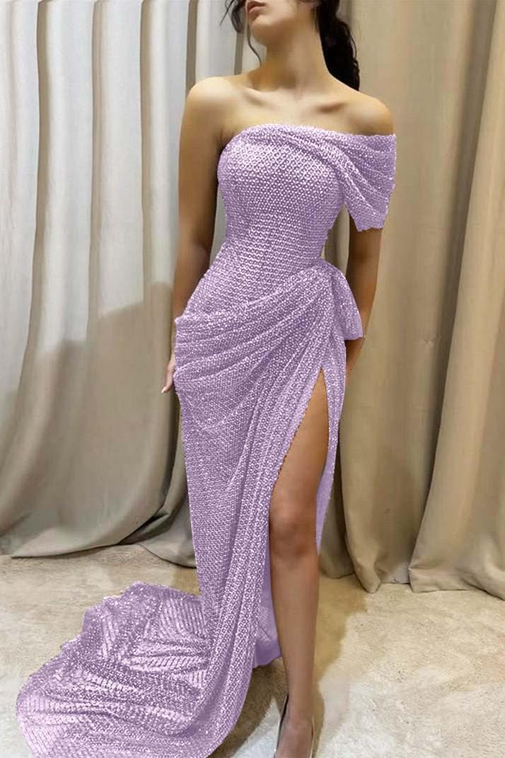 Purple Mermaid Prom Dress Cap Sleeve One Shoulder Formal Dress With Beadings and Rhinestones