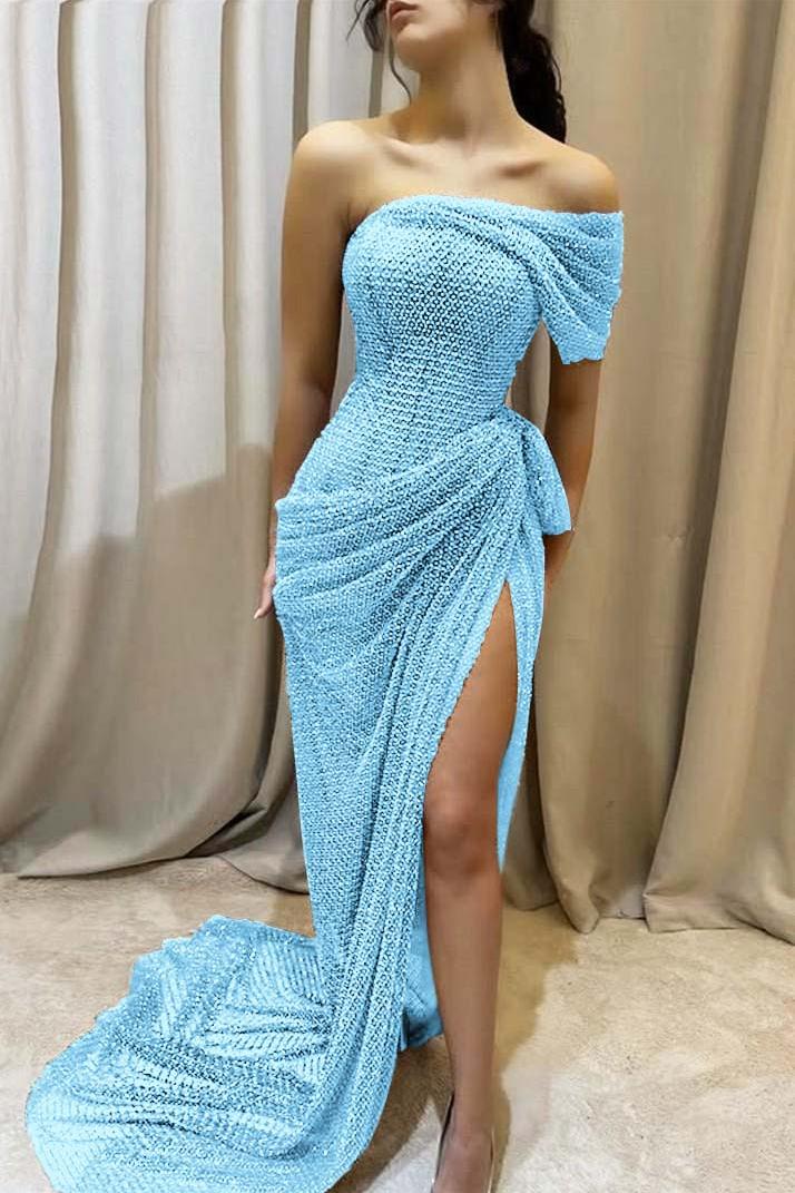Purple Mermaid Prom Dress Cap Sleeve One Shoulder Formal Dress With Beadings and Rhinestones