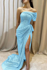 Purple Mermaid Prom Dress Cap Sleeve One Shoulder Formal Dress With Beadings and Rhinestones
