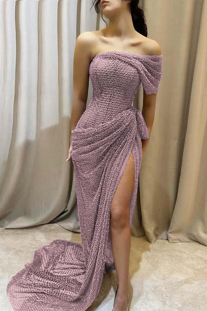 Purple Mermaid Prom Dress Cap Sleeve One Shoulder Formal Dress With Beadings and Rhinestones