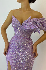 Purple Mermaid Prom Dress Cap Sleeve One Shoulder Sequined Formal Dress