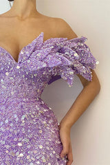 Purple Mermaid Prom Dress Cap Sleeve One Shoulder Sequined Formal Dress