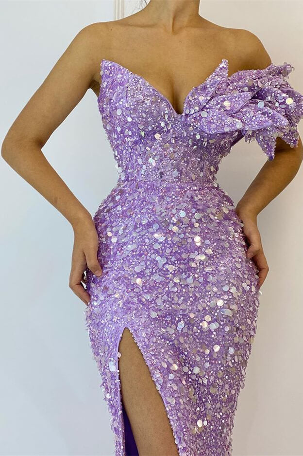 Purple Mermaid Prom Dress Cap Sleeve One Shoulder Sequined Formal Dress