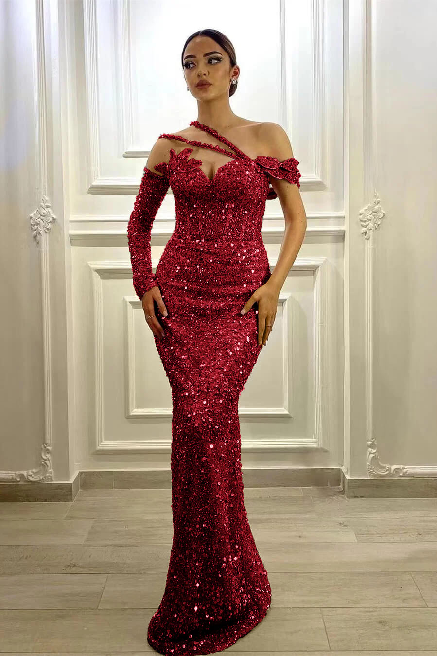 Purple Mermaid Prom Dress Long Sleeve Asymmetric Formal Dress With Sequins