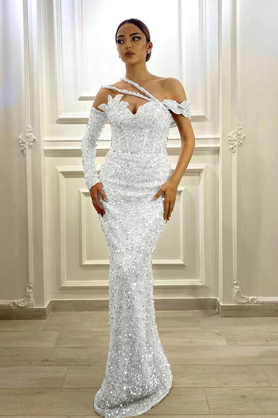 Purple Mermaid Prom Dress Long Sleeve Asymmetric Formal Dress With Sequins