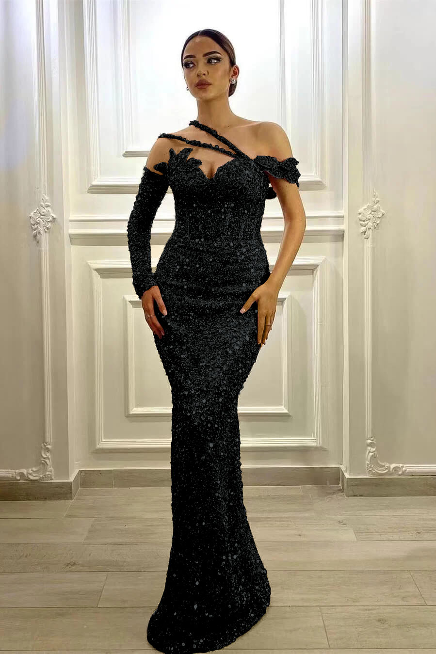 Purple Mermaid Prom Dress Long Sleeve Asymmetric Formal Dress With Sequins