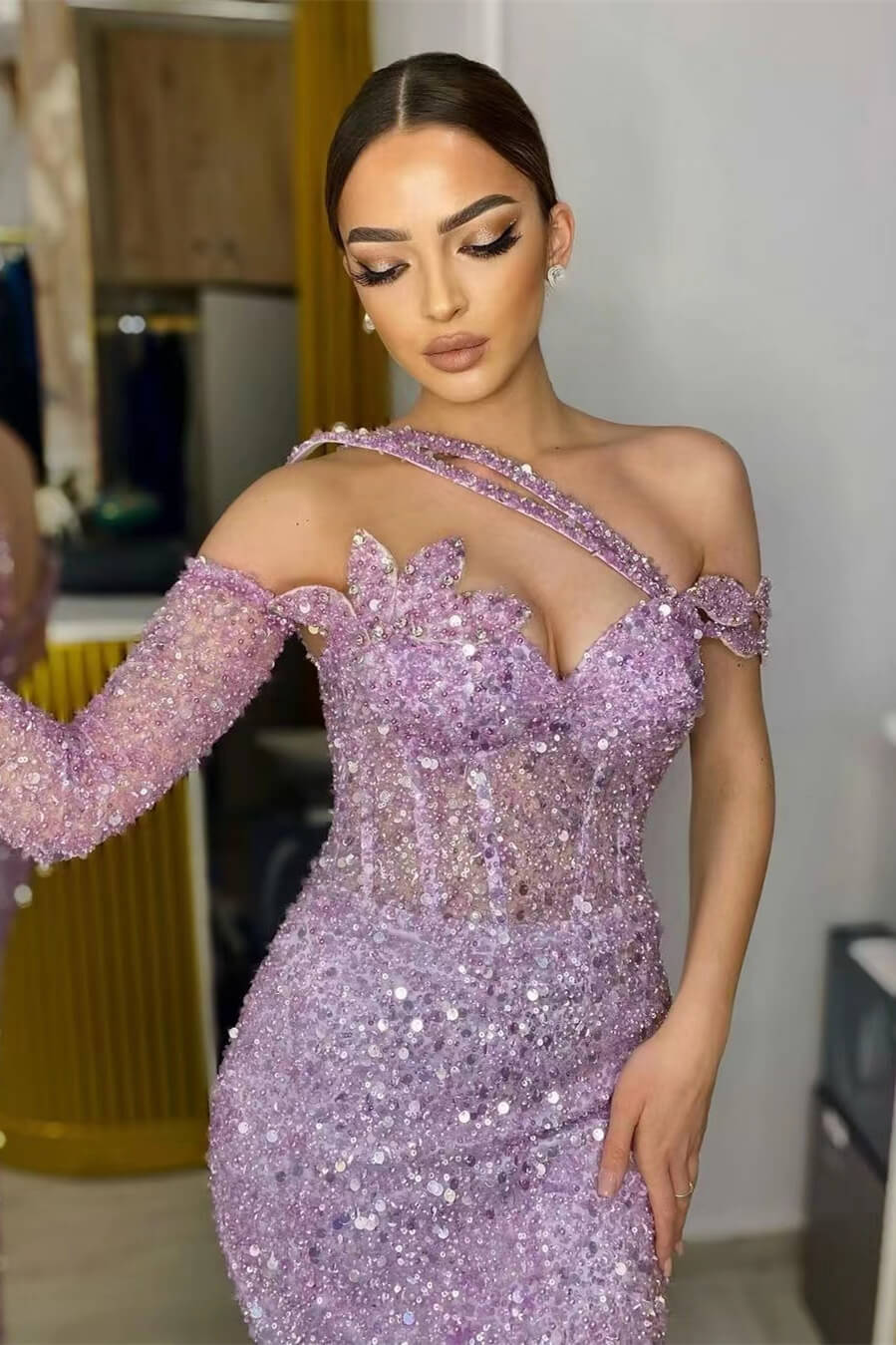 Purple Mermaid Prom Dress Long Sleeve Asymmetric Formal Dress With Sequins