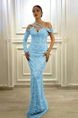 Purple Mermaid Prom Dress Long Sleeve Asymmetric Formal Dress With Sequins