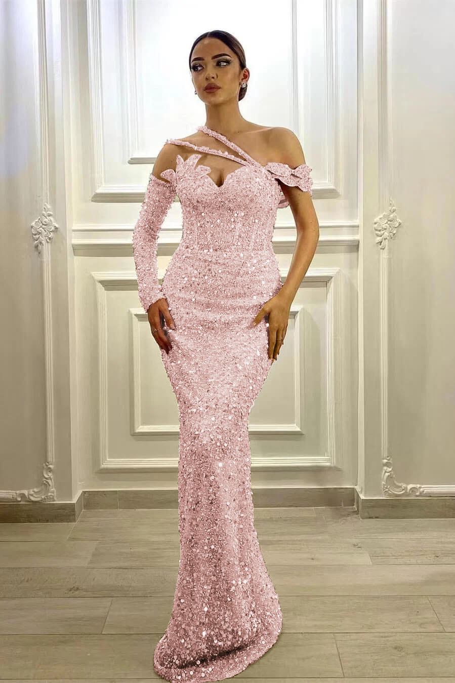 Purple Mermaid Prom Dress Long Sleeve Asymmetric Formal Dress With Sequins