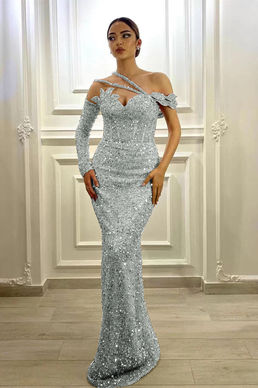 Purple Mermaid Prom Dress Long Sleeve Asymmetric Formal Dress With Sequins