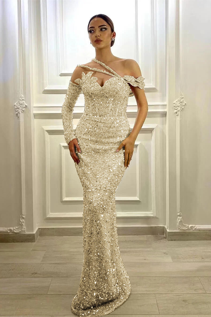 Purple Mermaid Prom Dress Long Sleeve Asymmetric Formal Dress With Sequins