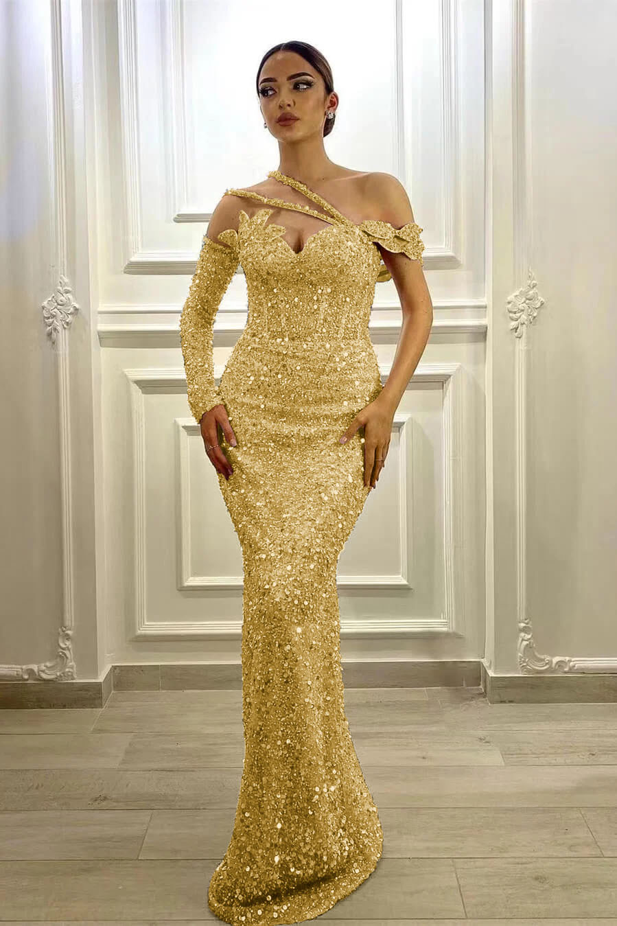 Purple Mermaid Prom Dress Long Sleeve Asymmetric Formal Dress With Sequins