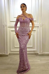 Purple Mermaid Prom Dress Long Sleeve Asymmetric Formal Dress With Sequins