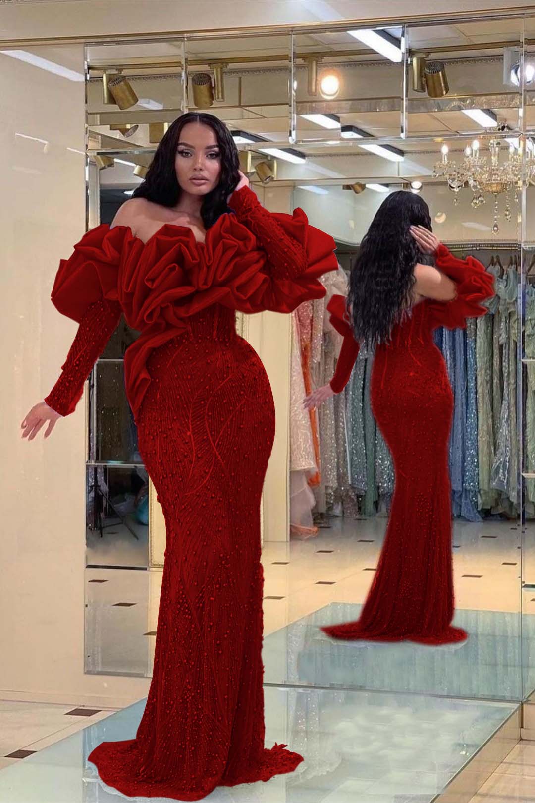 Purple Mermaid Prom Dress Long Sleeve Off the Shoulder Formal Dress With Beadings and Rhinestones