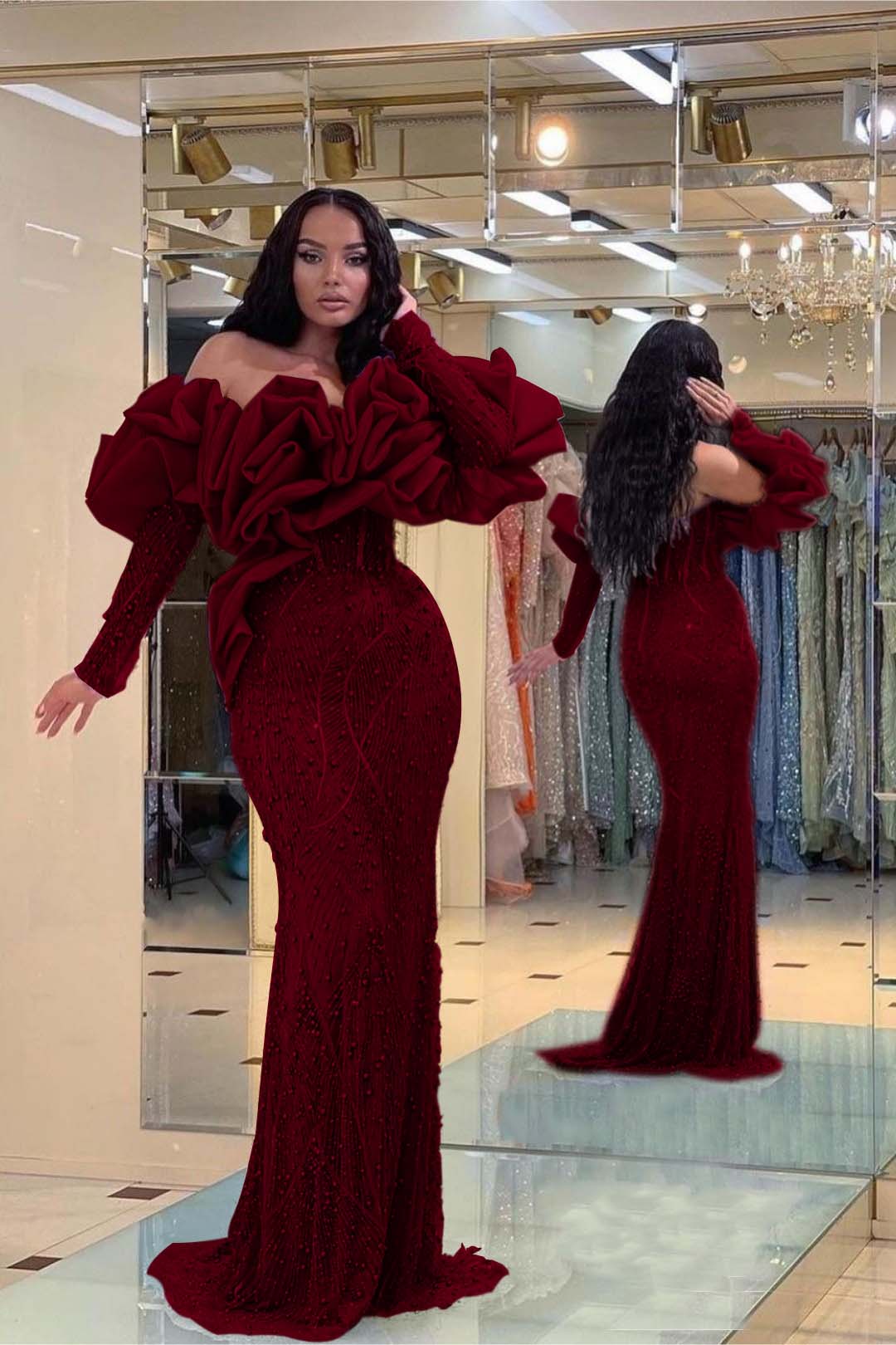 Purple Mermaid Prom Dress Long Sleeve Off the Shoulder Formal Dress With Beadings and Rhinestones