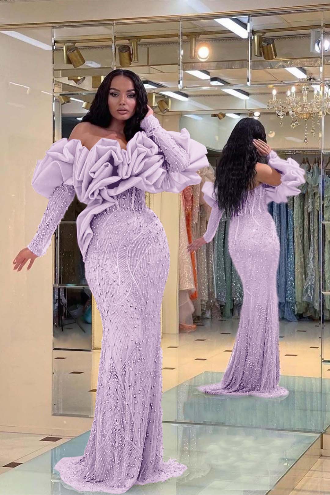 Purple Mermaid Prom Dress Long Sleeve Off the Shoulder Formal Dress With Beadings and Rhinestones