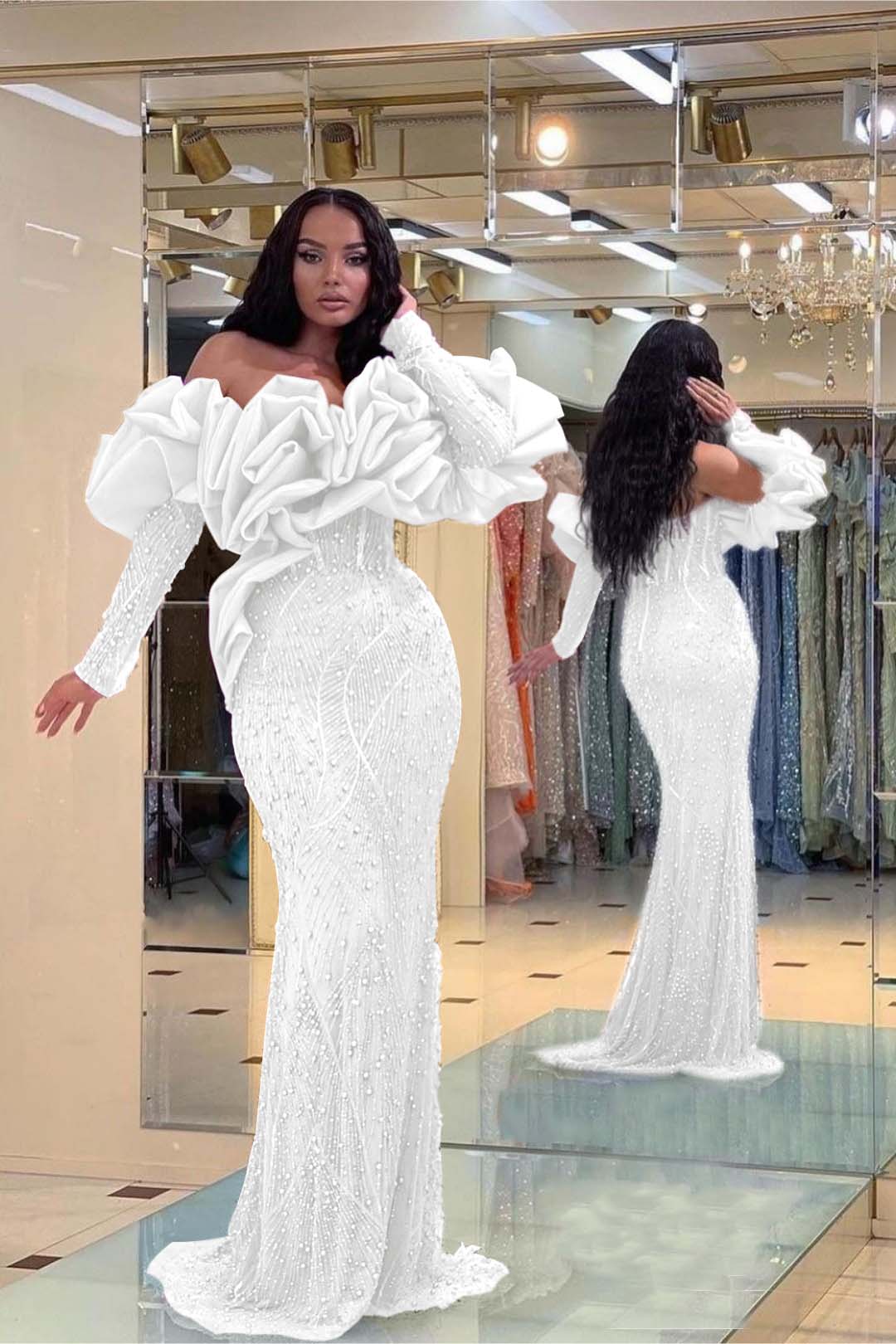 Purple Mermaid Prom Dress Long Sleeve Off the Shoulder Formal Dress With Beadings and Rhinestones