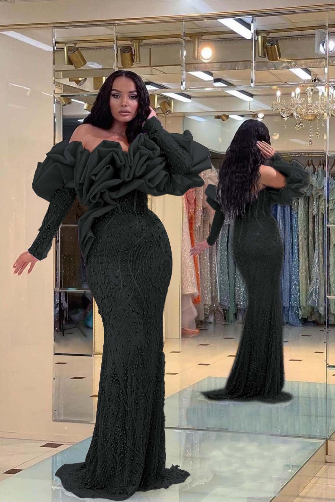 Purple Mermaid Prom Dress Long Sleeve Off the Shoulder Formal Dress With Beadings and Rhinestones